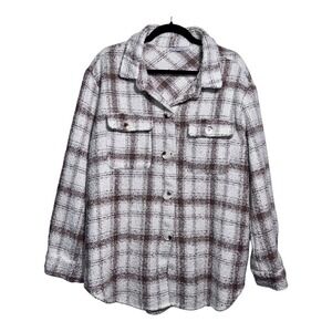 VEVERET Women's Large Shacket Button Front Casual Plaid Neutral‎ Brown White